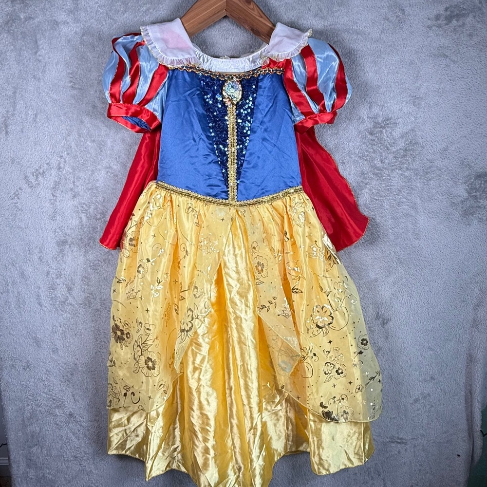 Disney Snow White Costume Kids 7/8 Blue Yellow S/S Princess Dress Cape Sequin